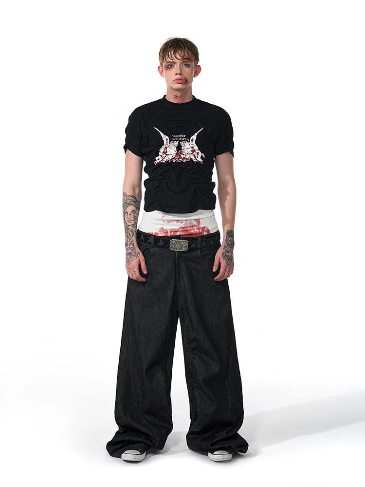 Black men's slim fit short sleeve T-shirt with a textured pleated print design and round neck collar