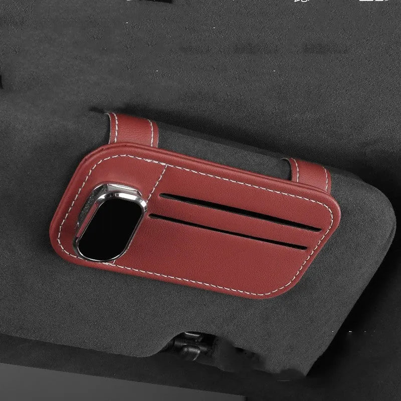 Cowhide leather car sun visor card holder with attached glasses clip in beige colour