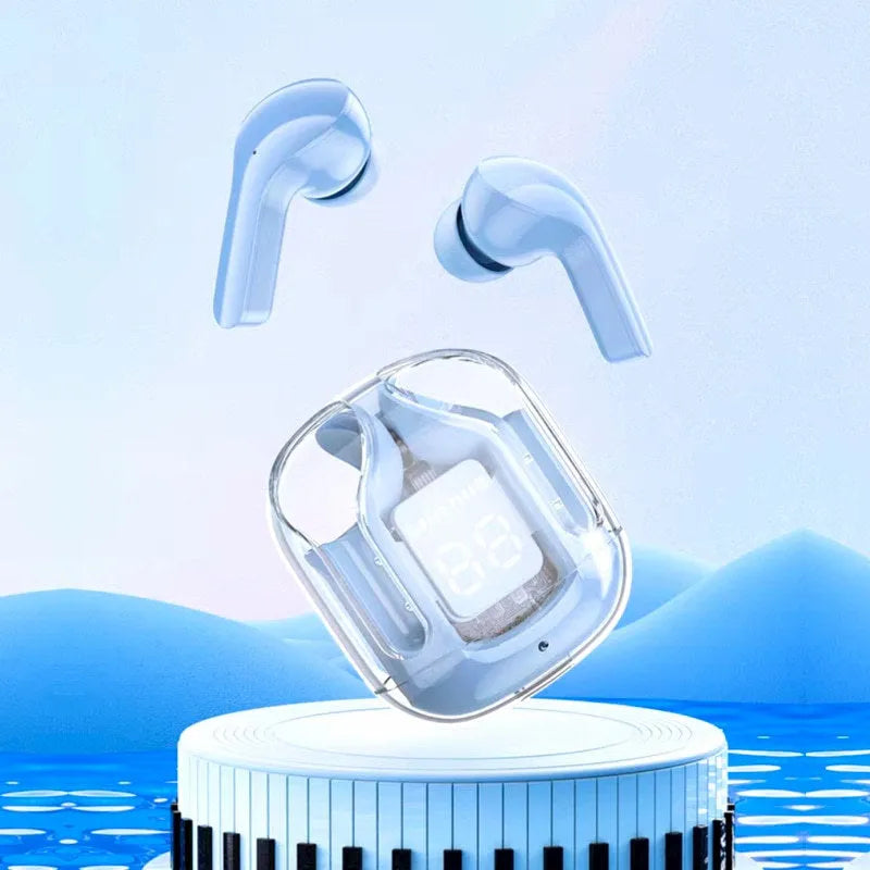 Transparent plastic true wireless Bluetooth headphones showing internal components with digital display charging case
