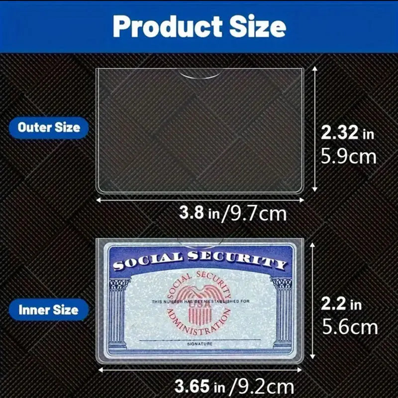 Clear PVC social security card holder with dimensions 9.7 by 5.9 centimetres.