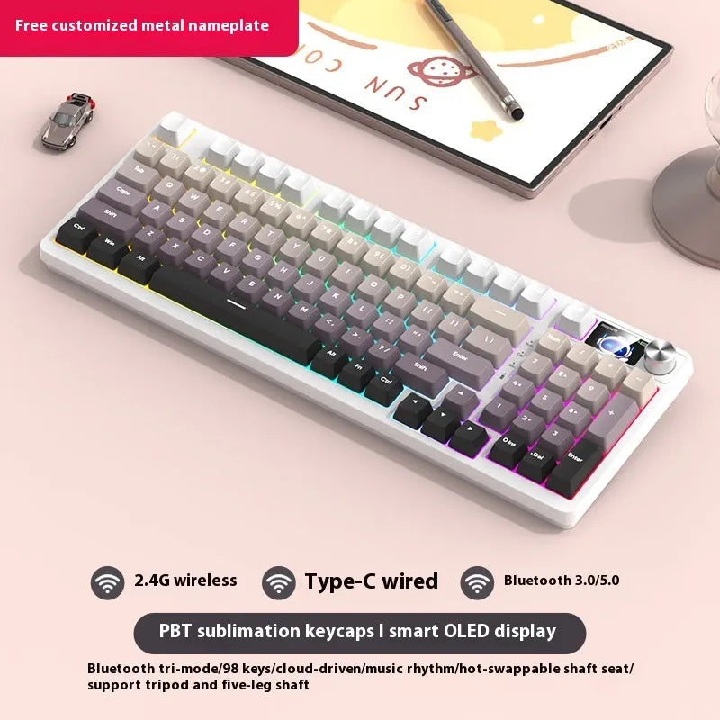98 key wireless Bluetooth mechanical keyboard kit with metal knob and multiple colour options