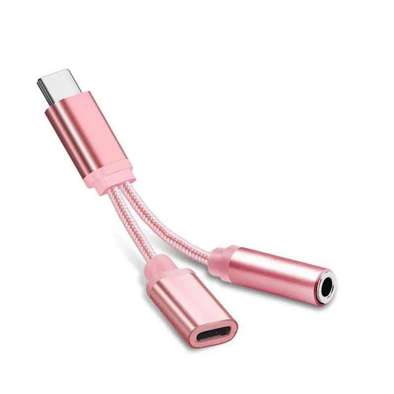 Type-C to 3.5mm headphone adapter cable in black, pink, silver, and white colour options
