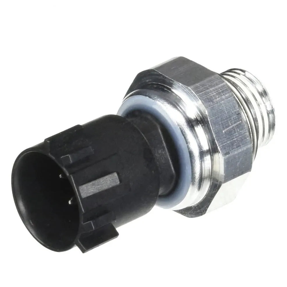Silver automobile fuel pressure sensor with electrical connector.