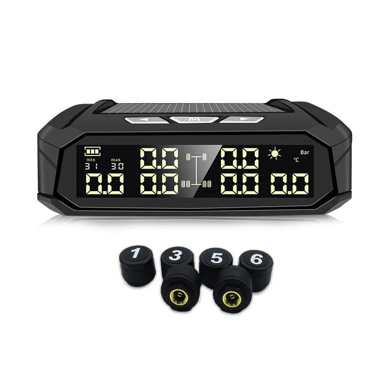 Solar external tire pressure monitor with LCD display and 6 sensors for RV and truck use