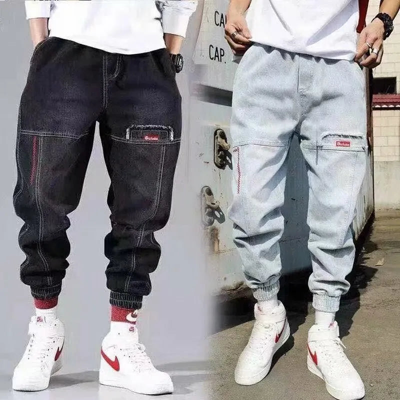 Plus size men's wide leg harem casual pants in black cotton denim with tie closure
