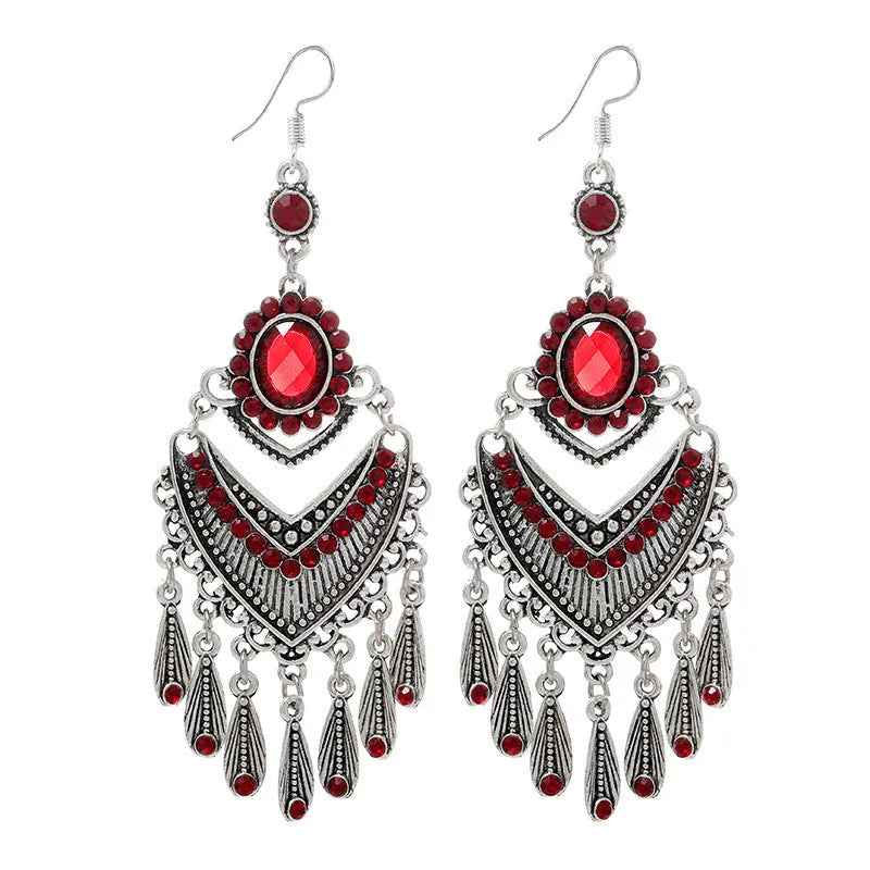 Retro court crystal drop earrings with long purple fringe in ethnic style