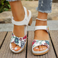 White women's high heel sandals with Velcro buckle closure and rubber sole