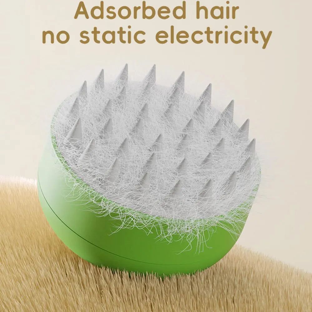 Green rechargeable cat steam brush with silicone bristles for grooming and massage next to a yellow version.