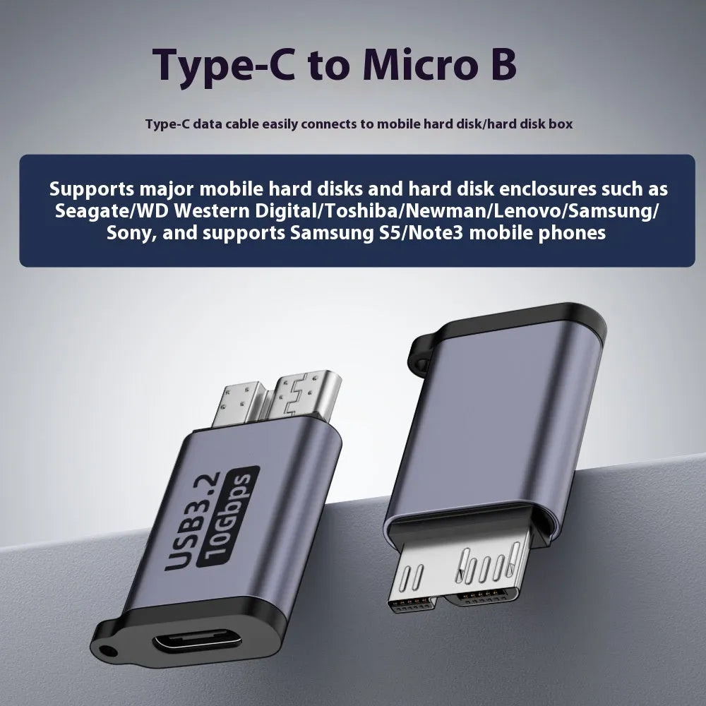 Micro B USB adapter for connecting to hard drives and phones, showing Type-C and USB port options.