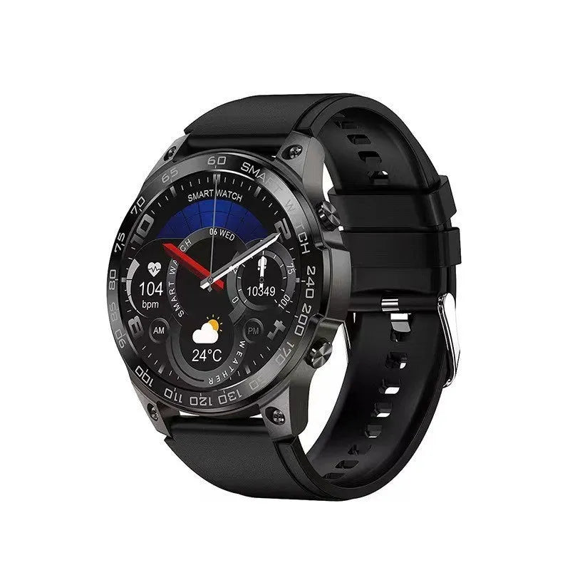 Round AMOLED sports watch with silicone strap showing Bluetooth calling and health tracking features