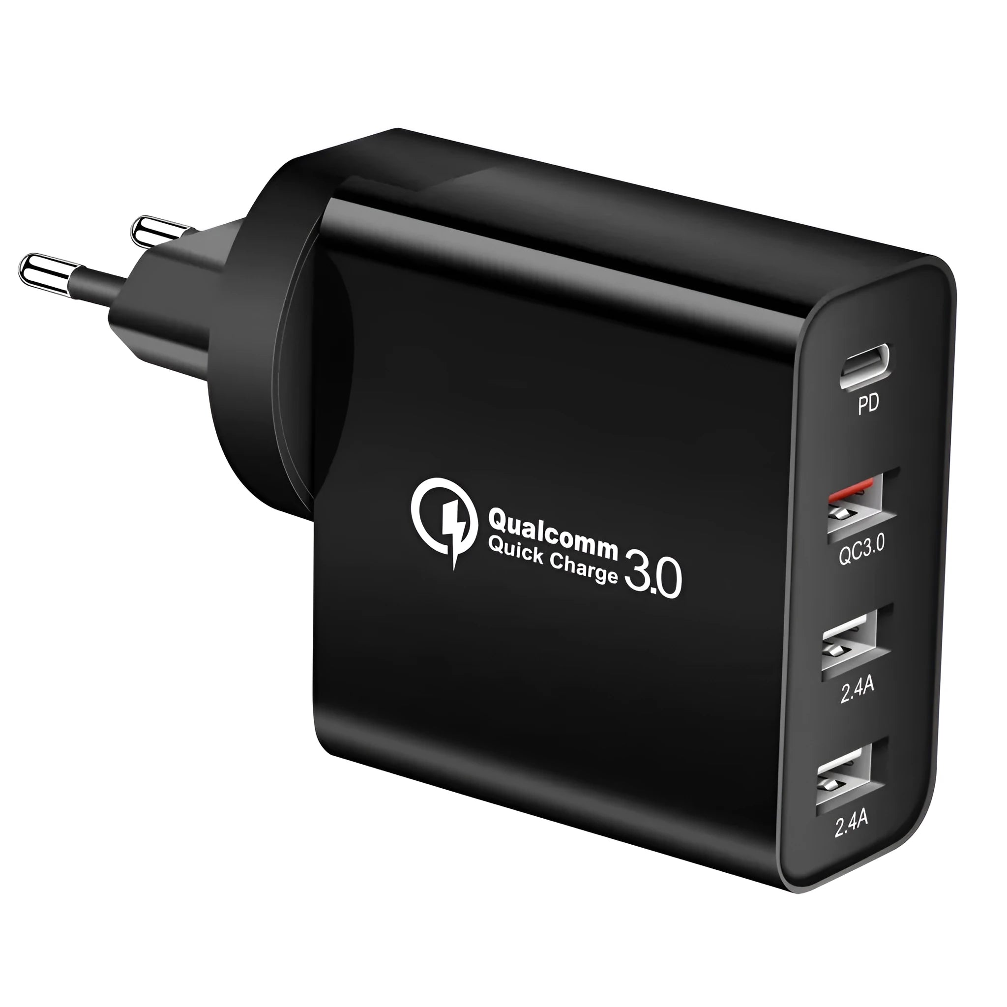White multi-port fast charger with USB-C and USB-A ports plugged into a wall socket.