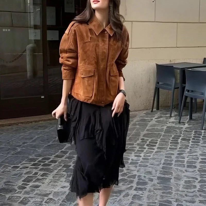 Women's brown polyester suede coat with regular sleeves in street chic style showing front view