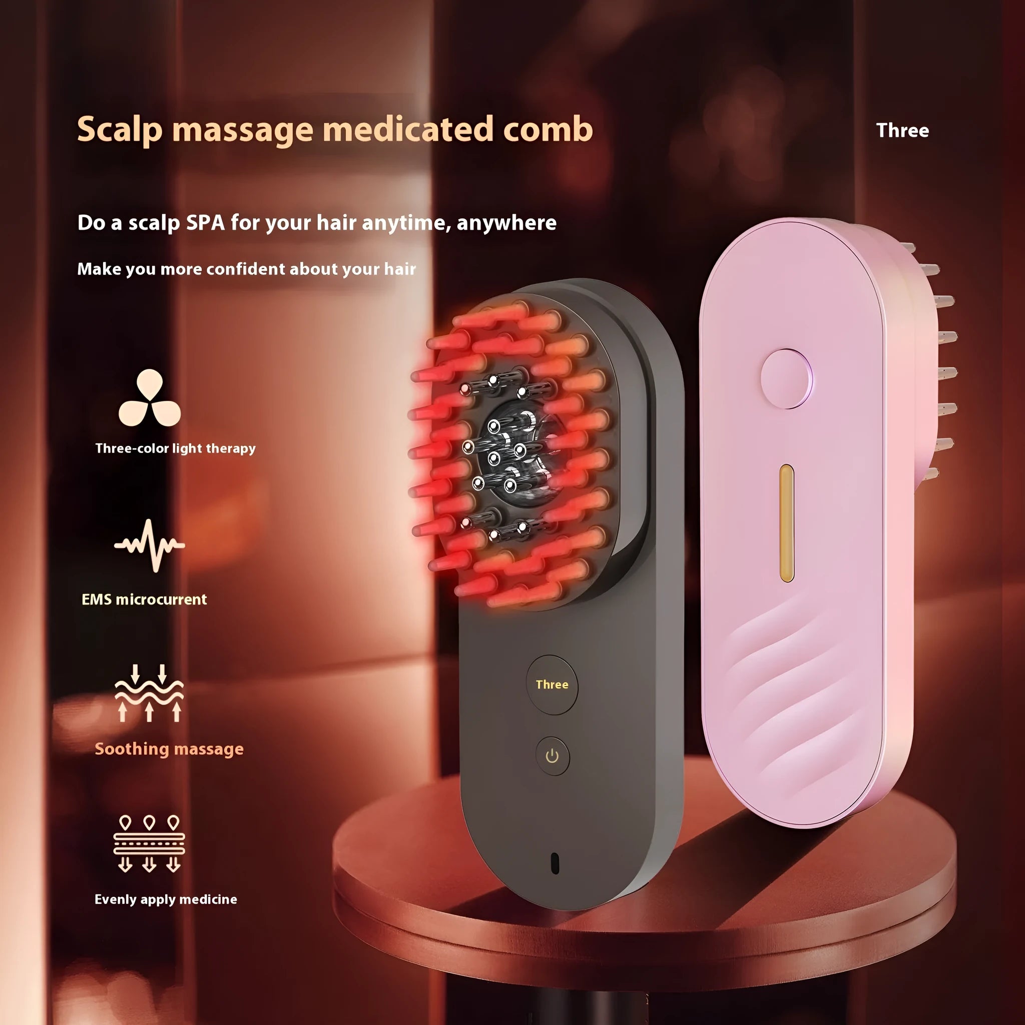 Smart massage comb with red light therapy in pink and black colour options showing compact design