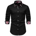 Men's casual long sleeve shirt with triangle collar and plaid contrast colour design in polyester blend fabric