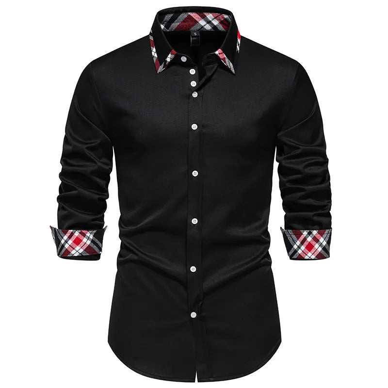 Men's casual long sleeve shirt with triangle collar and plaid contrast colour design in polyester blend fabric