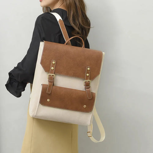 Korean style retro simple backpack in soft PU material, shown in one of four neutral colour options.