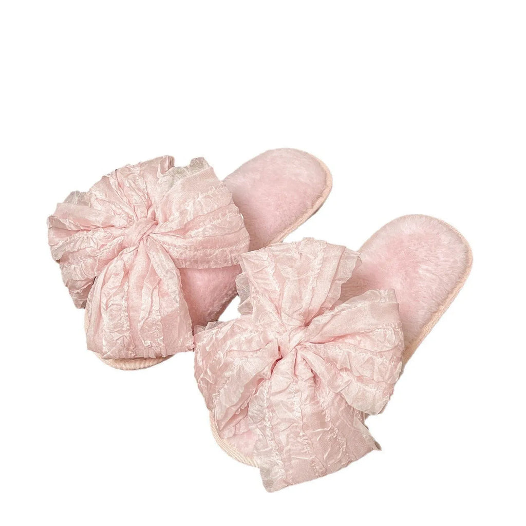 Pink big bow cotton slippers with plush upper and TPR sole