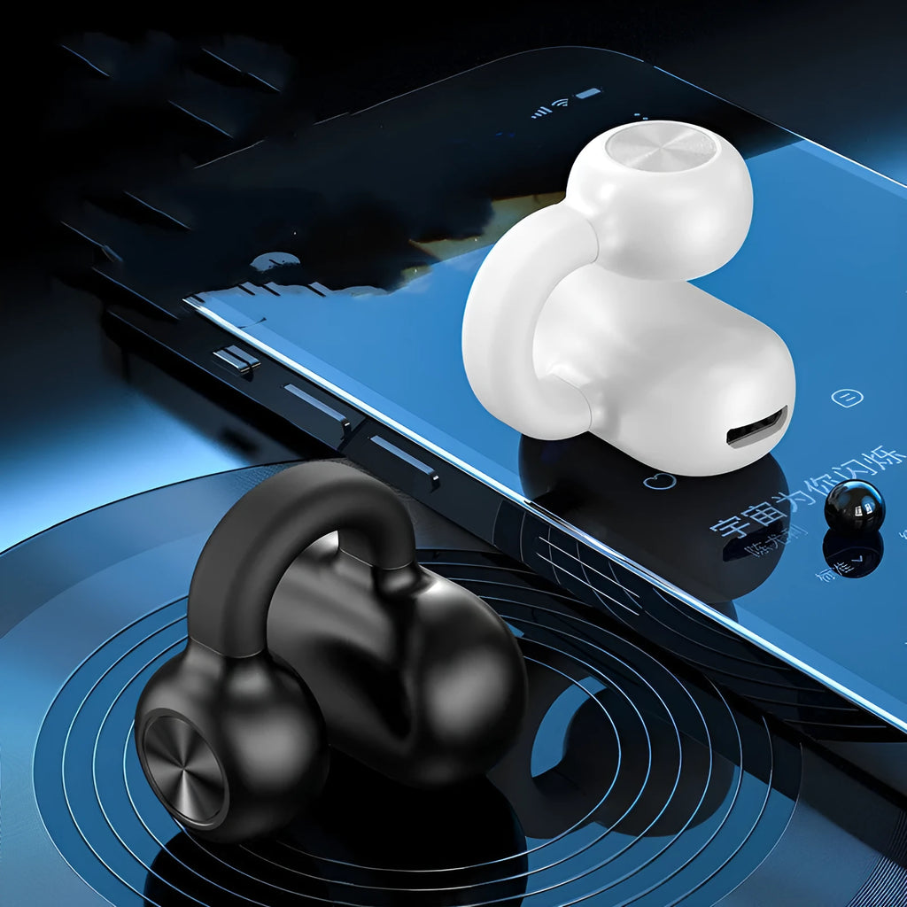 Black clip-on wireless bone conduction Bluetooth headset for sports and exercise.