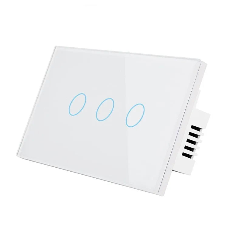 Modern 2-gang tempered glass touch light switch with white finish and blue LED indicator