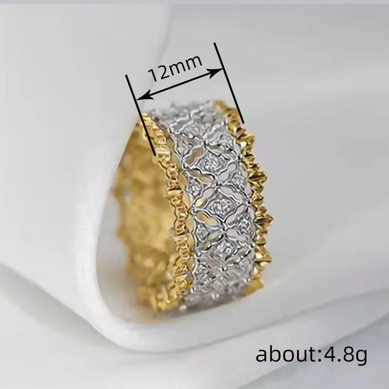 Geometric two-tone gold colour zircon copper ring showing round elements and electroplated finish