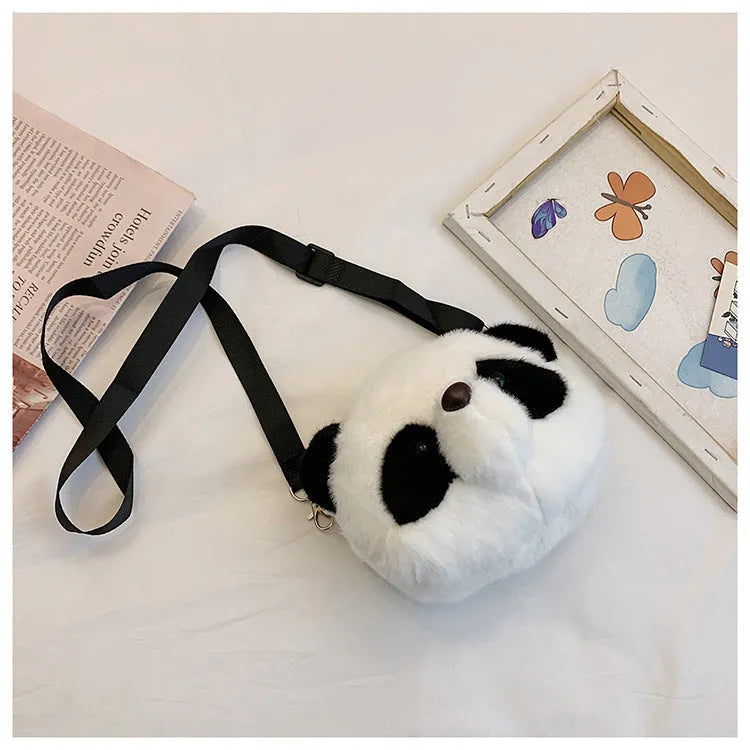 Cylindrical panda head design plush crossbody bag with sandwich pocket compartment