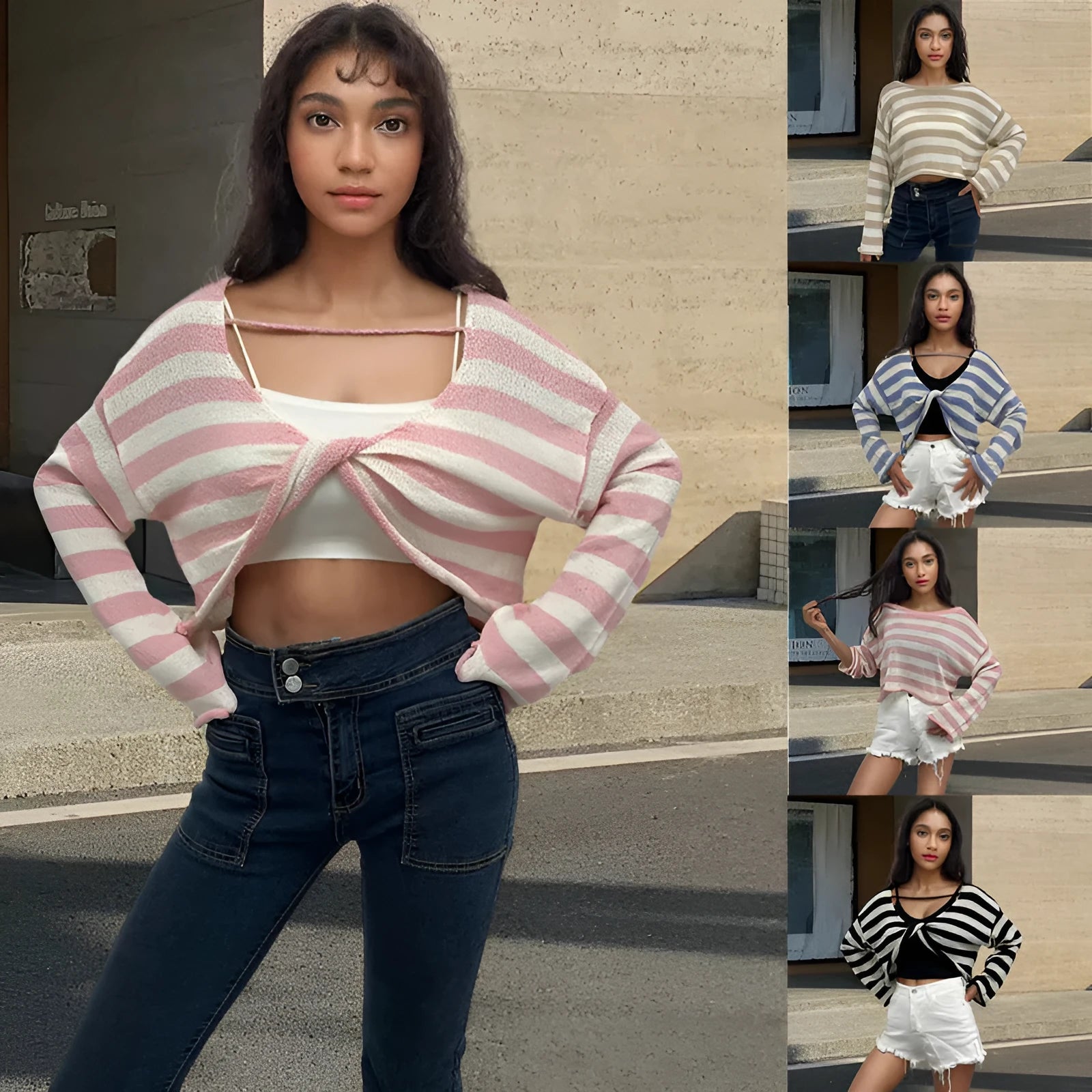 Striped long-sleeved sweater showing front and back wearable design with exposed navel detail