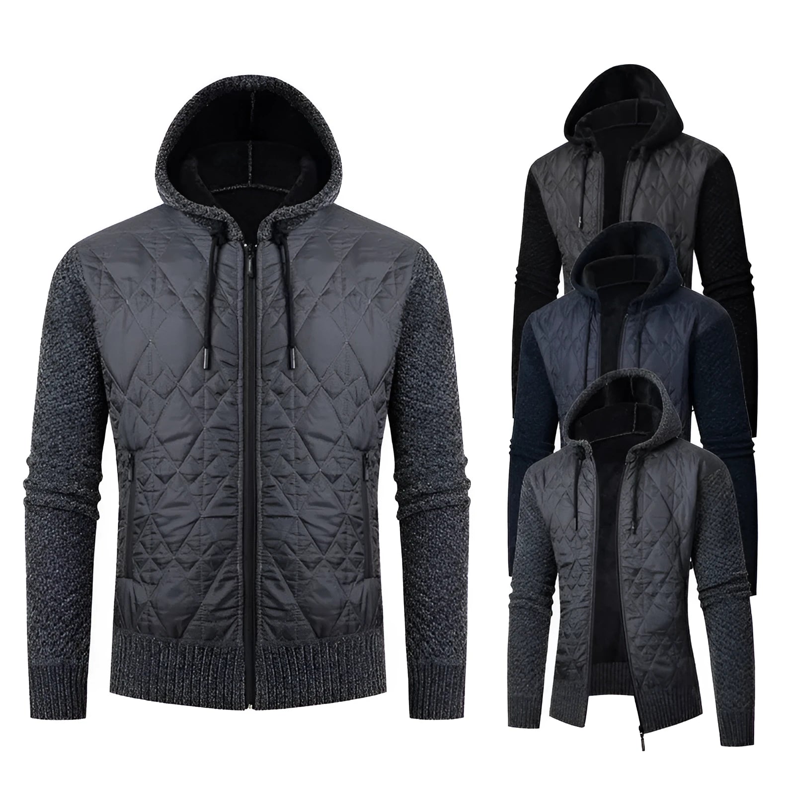 Men's gray hooded corduroy sweater coat with cinched waist styling for winter wear