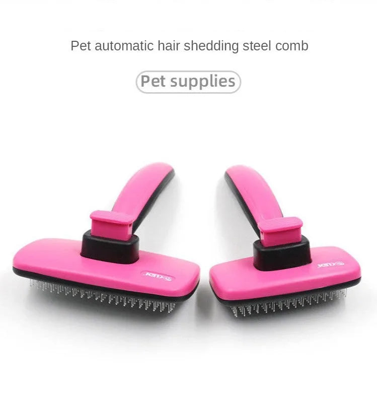 Pet self-cleaning comb with stainless steel teeth and rose red ergonomic handle for dog cat grooming