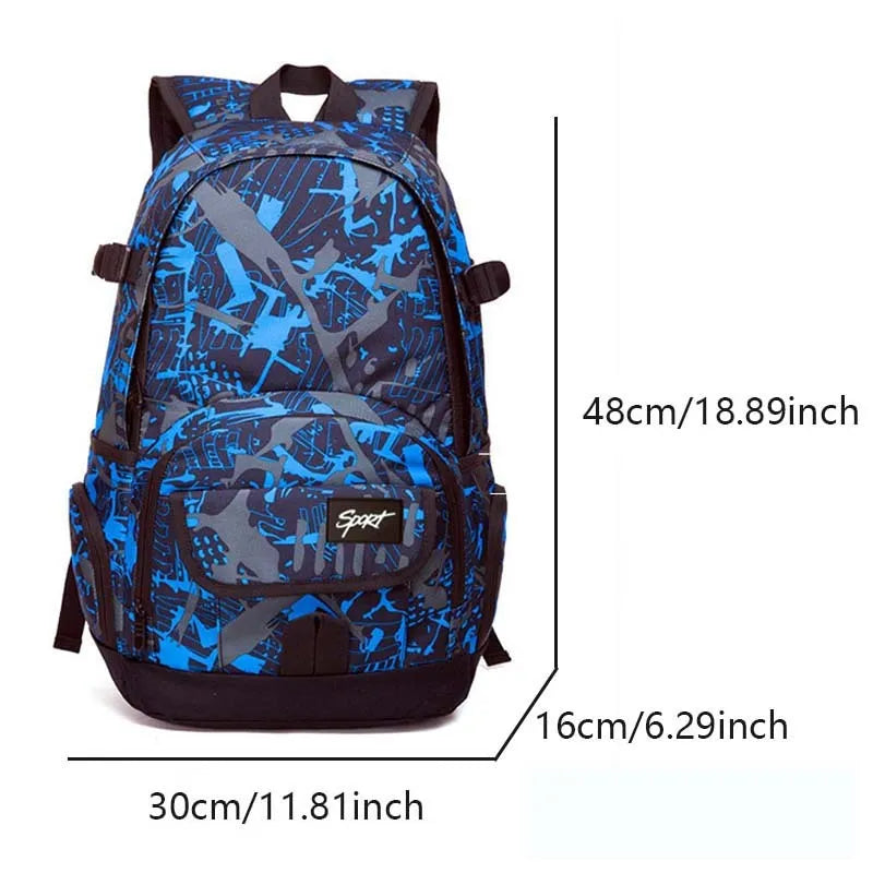 Classic blue nylon backpack with large main compartment and adjustable straps on a plain background.