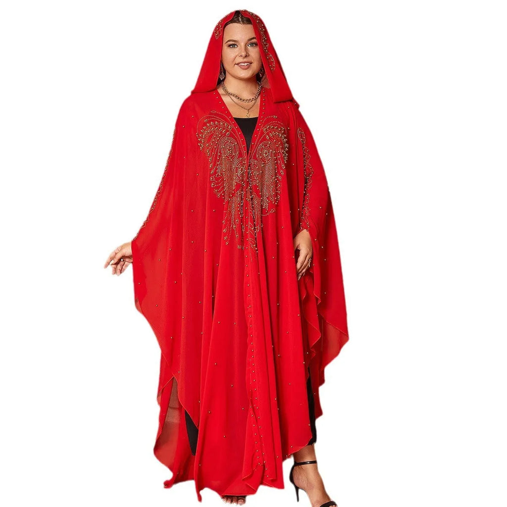 Purple Muslim style chiffon shawl with rhinestone beading, shown draped.