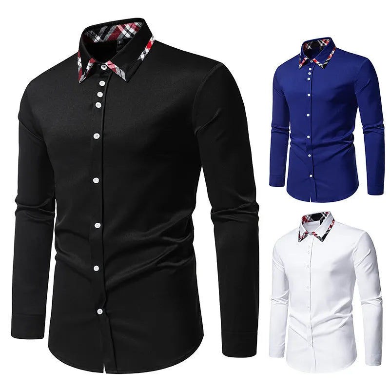 Men's casual long sleeve shirt with triangle collar and plaid contrast colour design in polyester blend fabric