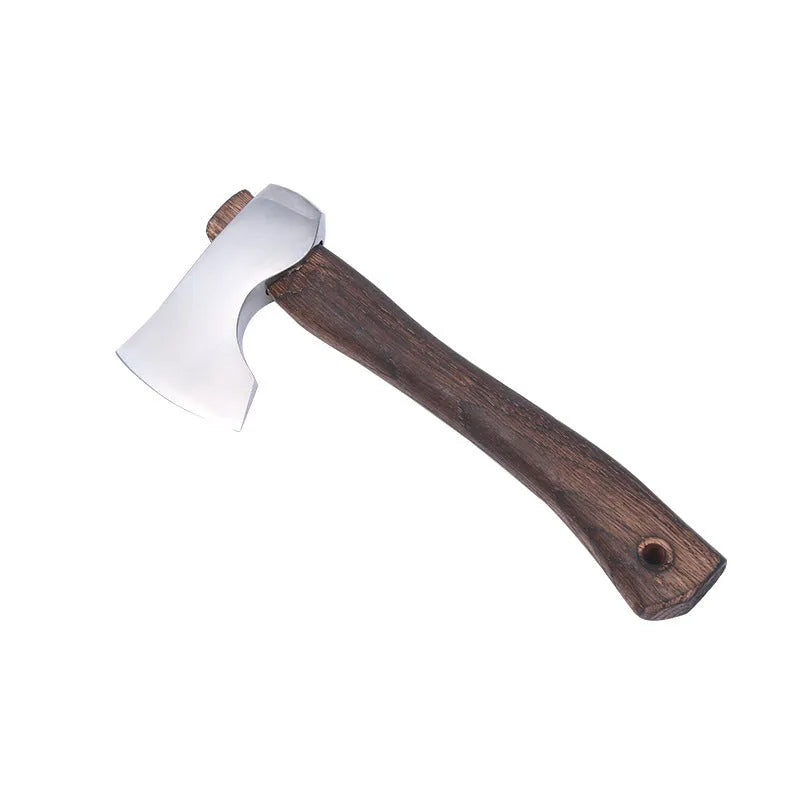 Camping axe with high carbon steel head and wooden handle on solid background