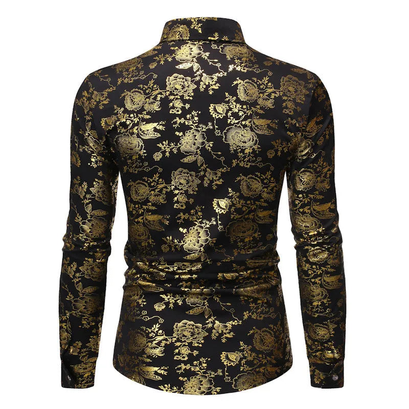 Men's cardigan shirt with bronzing metal print on lapel in elastic polyester fabric