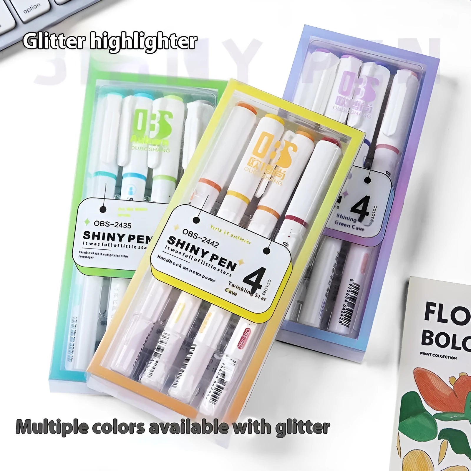Set of four Star River glitter fluorescent highlighter pens with slanted tips in assorted glitter colours.