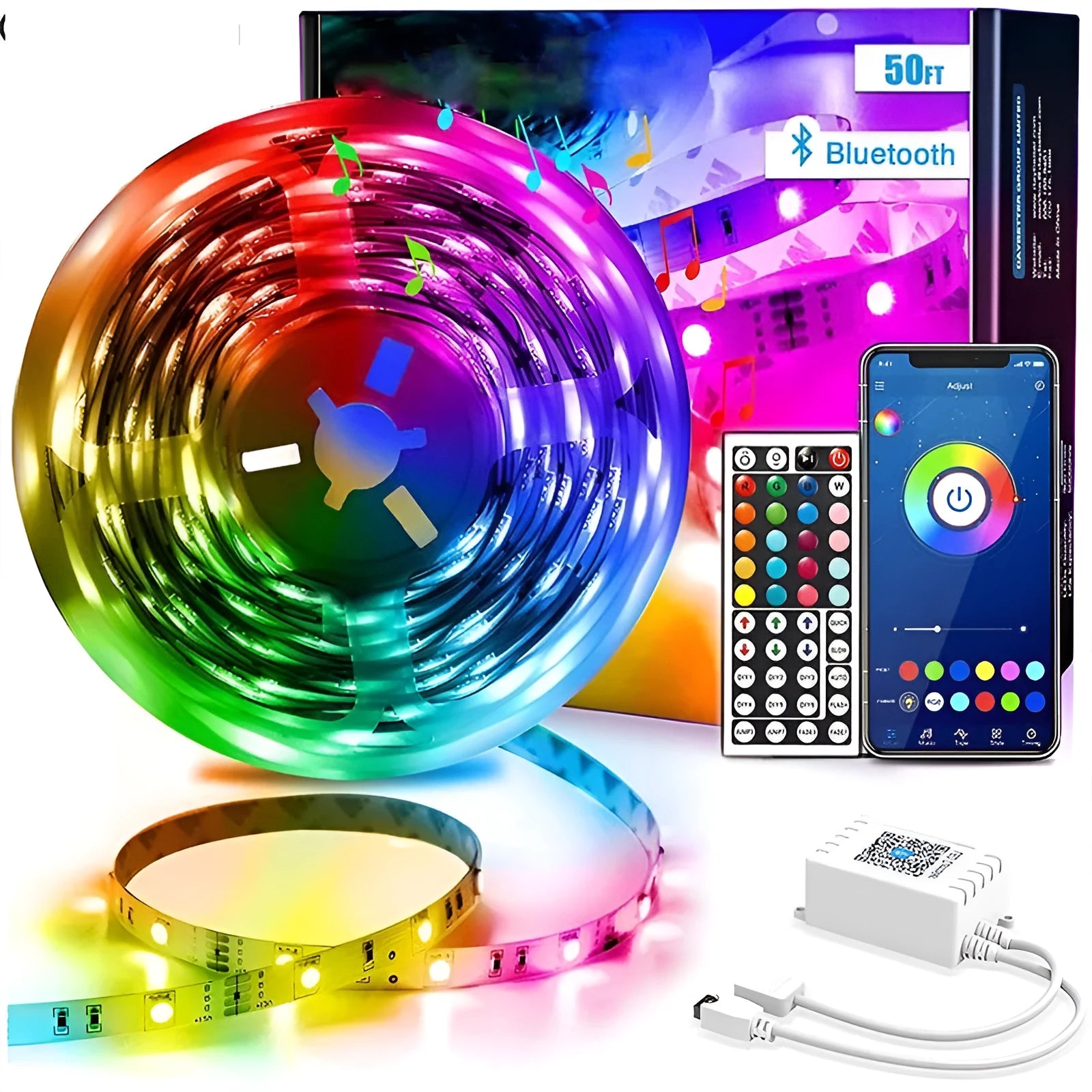RGB LED light strip with Bluetooth remote, IP65 waterproof epoxy coating, 18 LEDs per metre on 12V DC