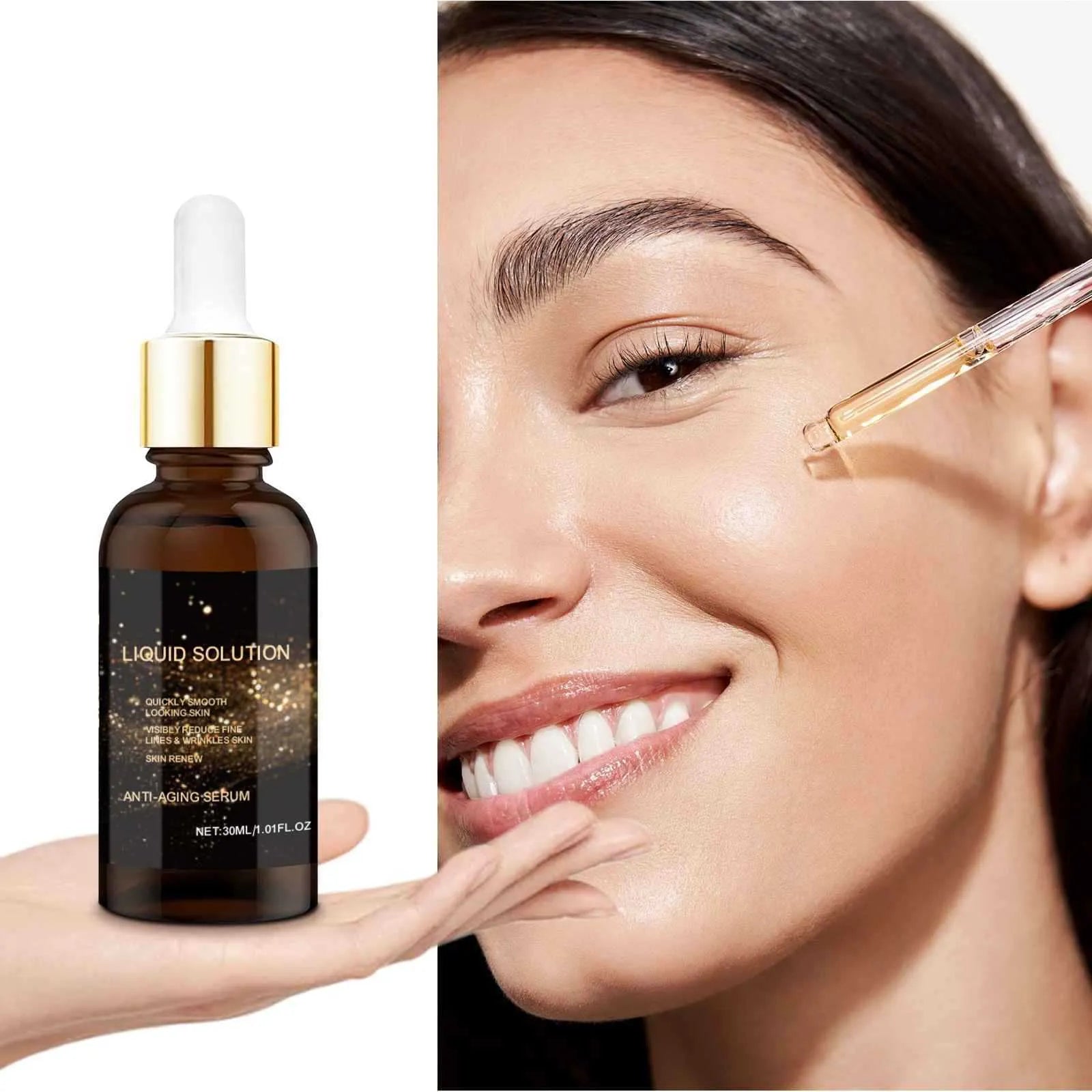 30 ml bottle of facial liquid moisturising care solution with hyaluronic acid, 9 cm tall.