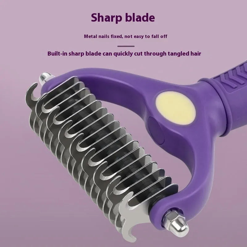 Purple double-sided plastic pet comb for removing knots from cat and dog fur