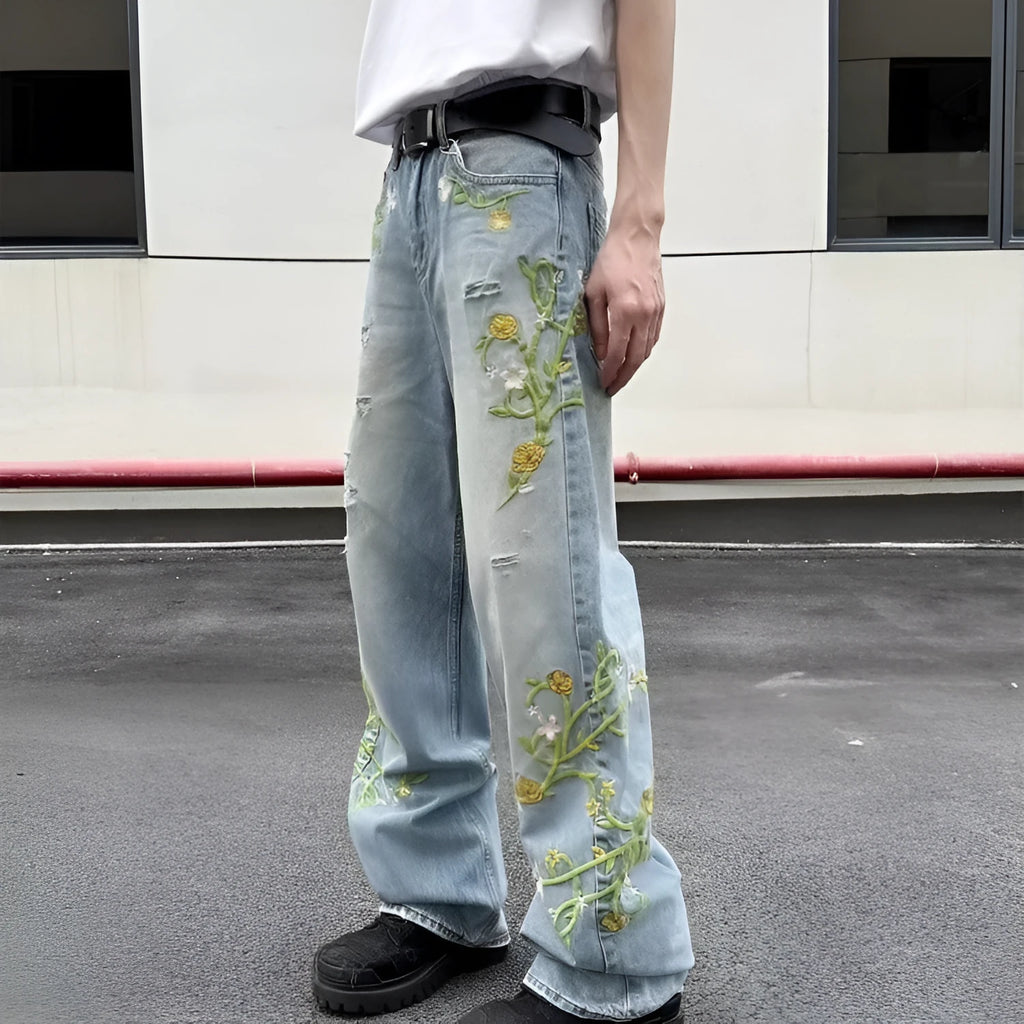 Blue cotton denim high street casual wide leg pants with mid waist and zip placket fly, straight-leg style