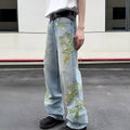 Blue cotton denim high street casual wide leg pants with mid waist and zip placket fly, straight-leg style