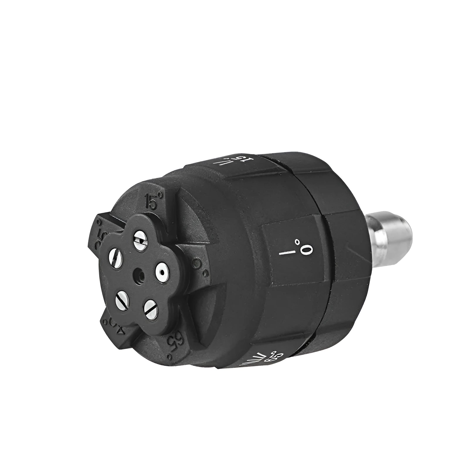 Multi-functional five-pattern spray nozzle for high-pressure water guns made from black ABS plastic.