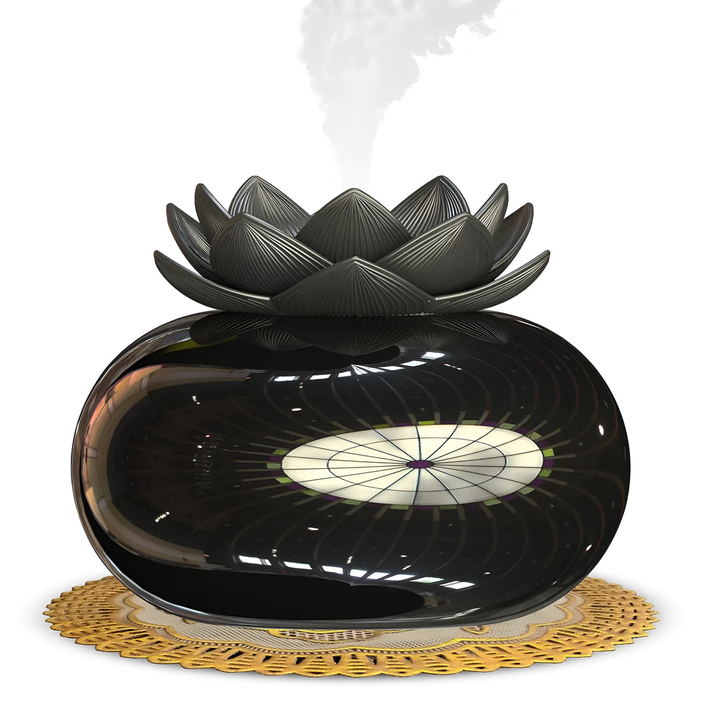 Pure black USB lotus aromatherapy humidifier with ceramic construction and round design