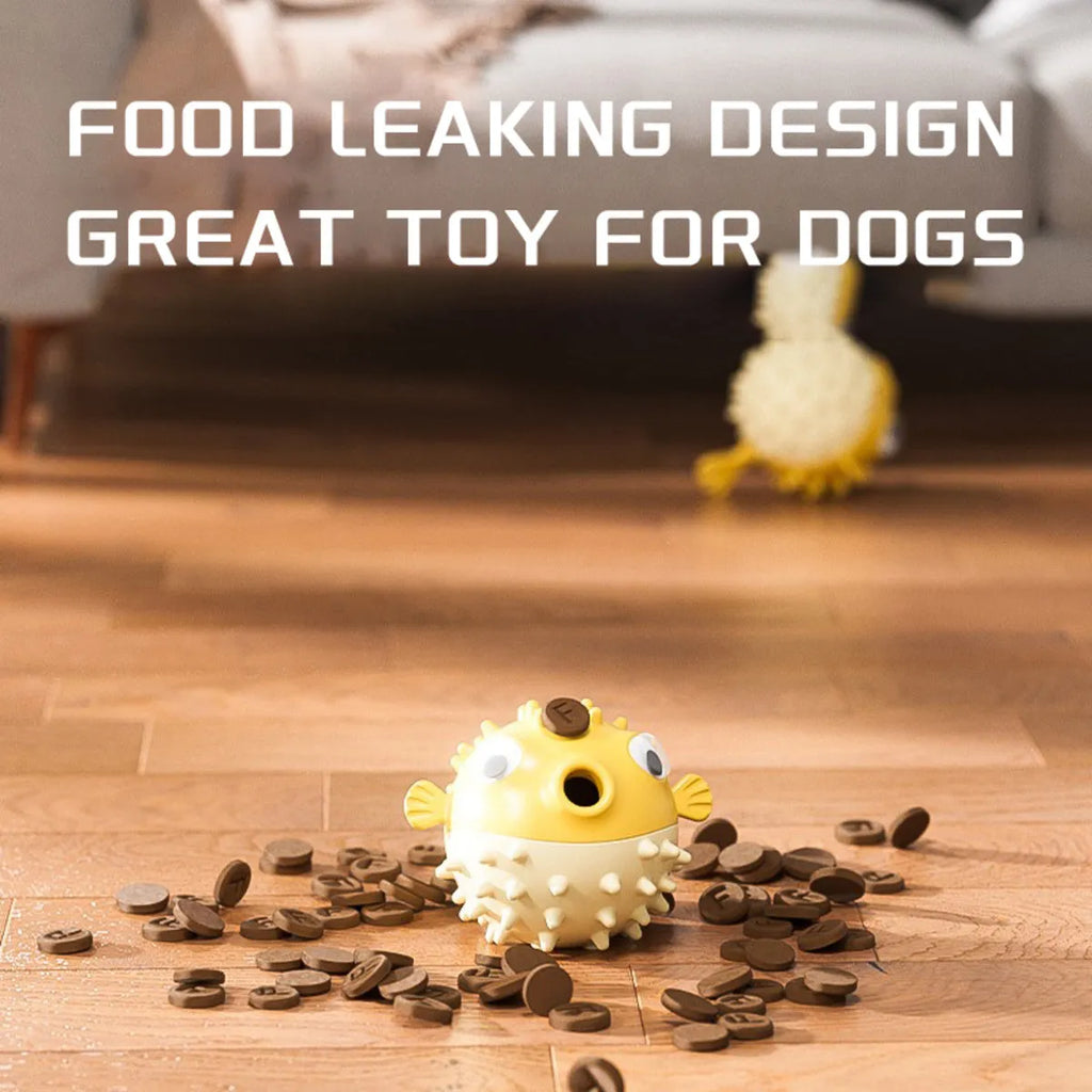 Yellow fish-shaped durable vinyl dog chew toy with textured surface for teeth cleaning.
