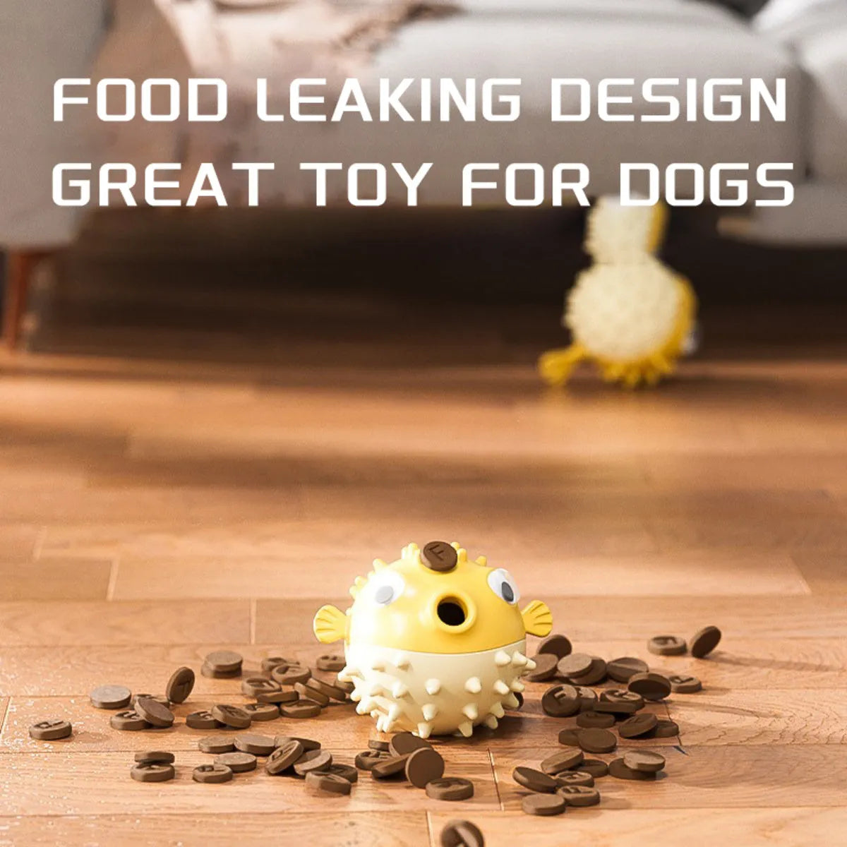 Yellow fish-shaped durable vinyl dog chew toy with textured surface for teeth cleaning.