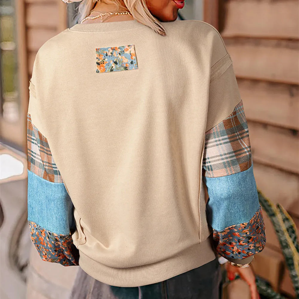 Women's beige and red plaid long-sleeved top with loose casual fit