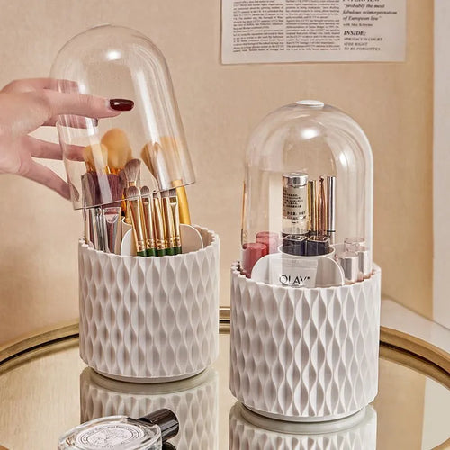 White rotating transparent acrylic makeup brush holder with dustproof lid on desktop