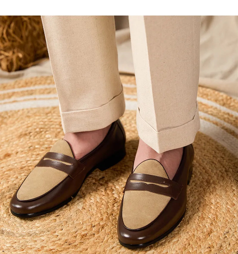 Coffee grey British style loafers with suede leather uppers and slip-on design