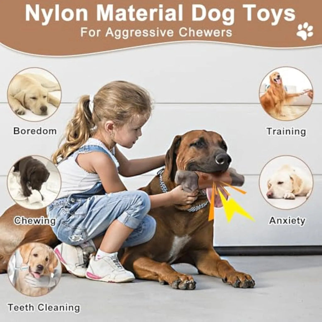Branch-shaped nylon dog chew toy with bacon flavour and squeaker for aggressive chewers