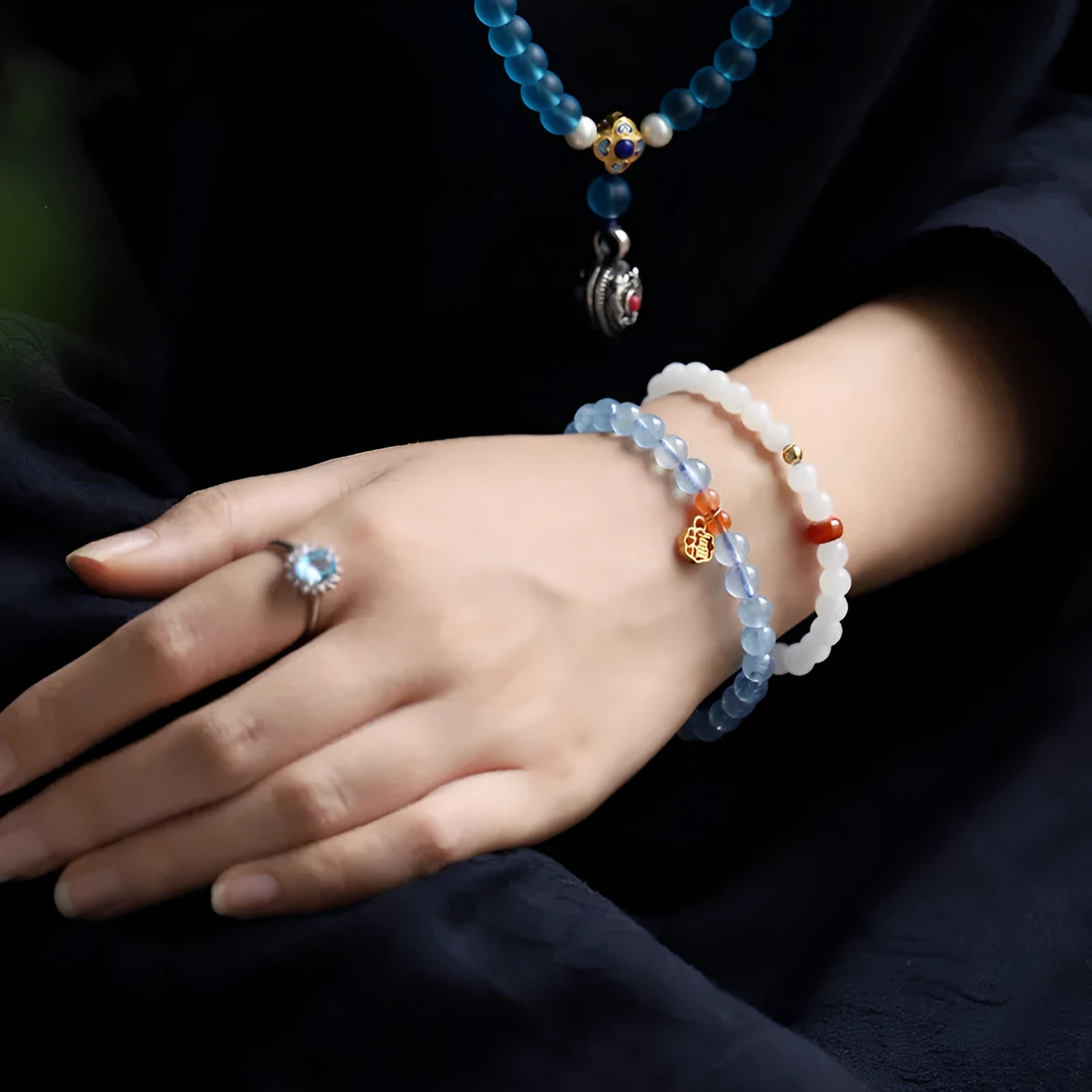 Women's bracelet with 8mm ice translucent aquamarine crystal beads and sequin details