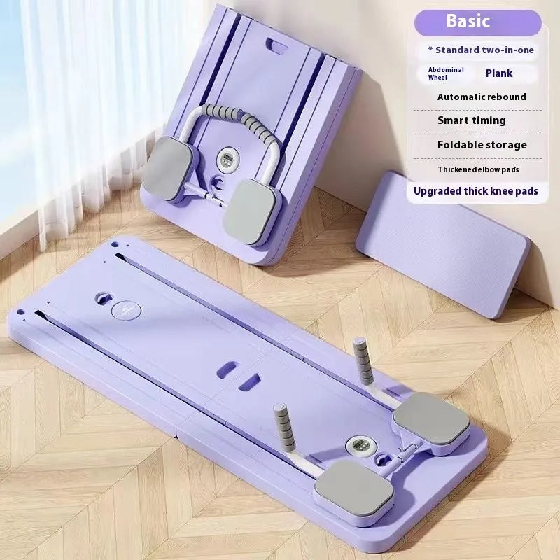 Standard purple PP plastic fitness board with abdominal wheel for home exercise.
