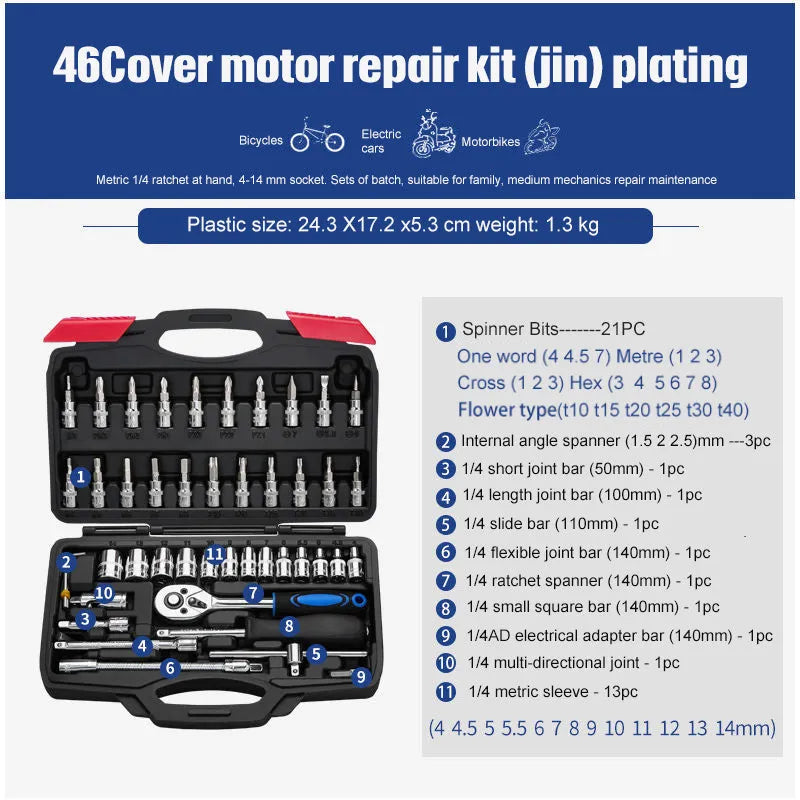 Socket ratchet wrench tool set with chromium vanadium steel construction for home and auto repair